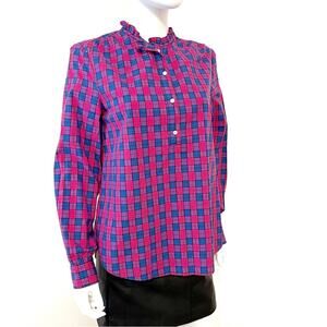 GAP Cotton Plaid Pink Blue Ruffle Popover Top, Small